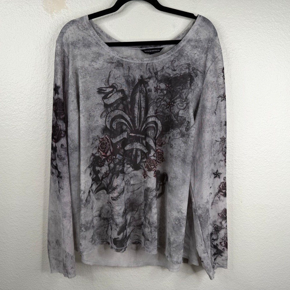 Rock & Republic Top Women's Semi Sheer Long Sleeves Gray Sz 2X Wings Rose 90's